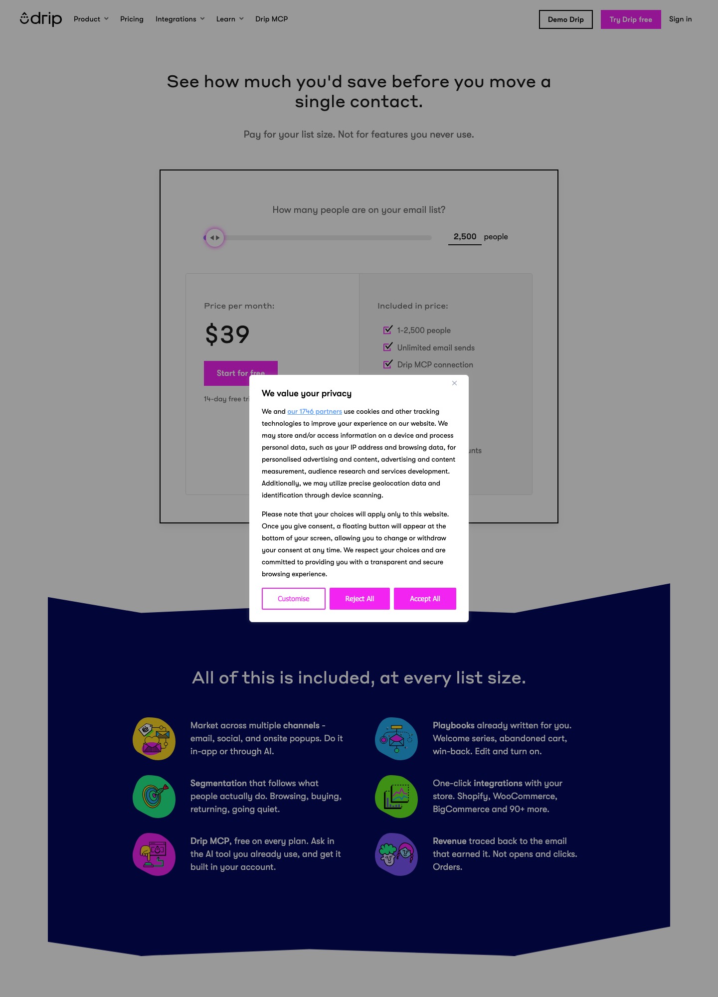 Drip-prijspagina met een voorbeeldprijs van $39 per maand voor 1–2.500 personen en onbeperkte e-mails