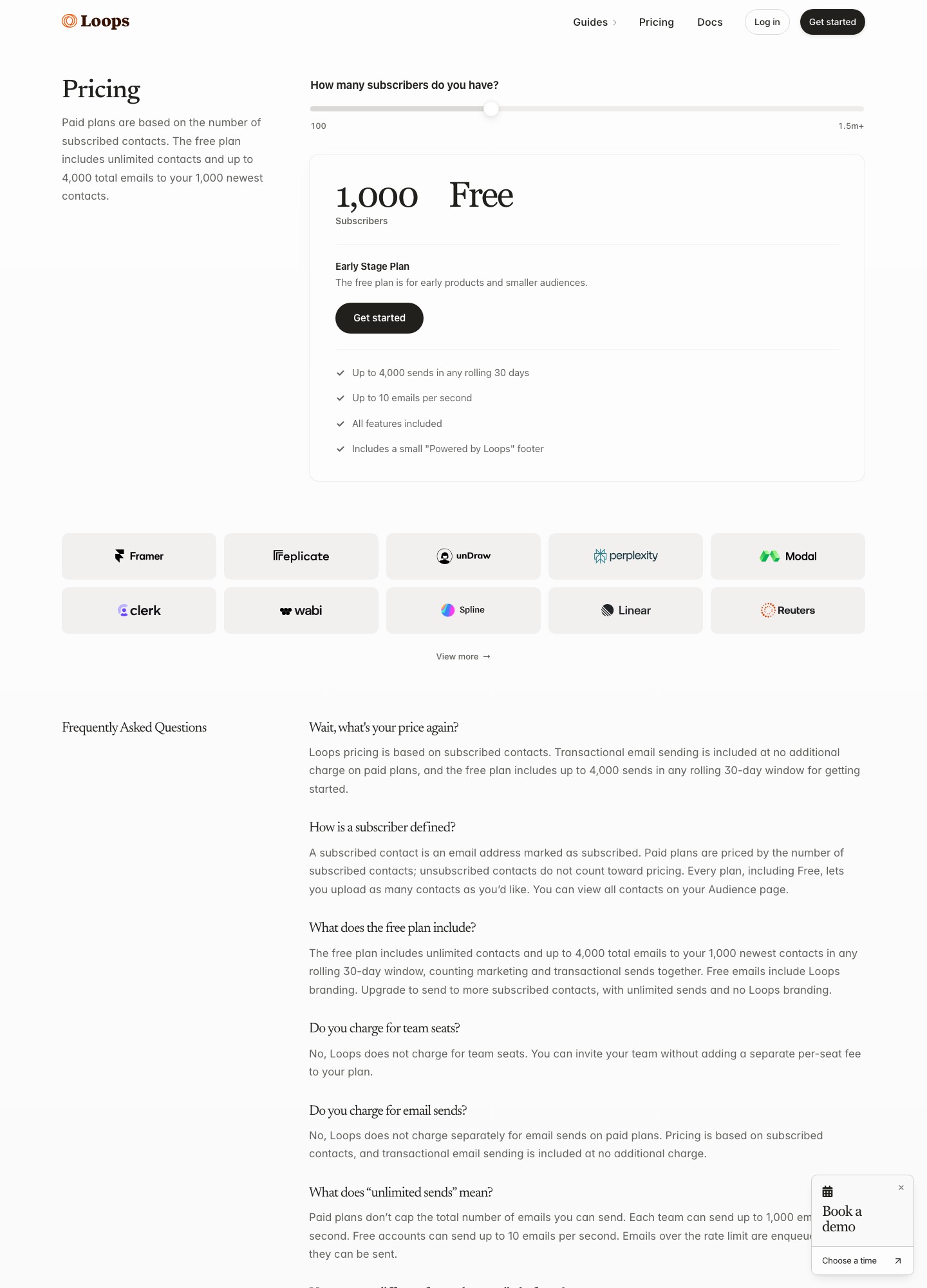 Prijsselector van Loops met een gratis niveau: maximaal 4.000 verzendingen in een voortschrijdende periode van 30 dagen, tot 10 e-mails per seconde en een Powered by Loops-vermelding.