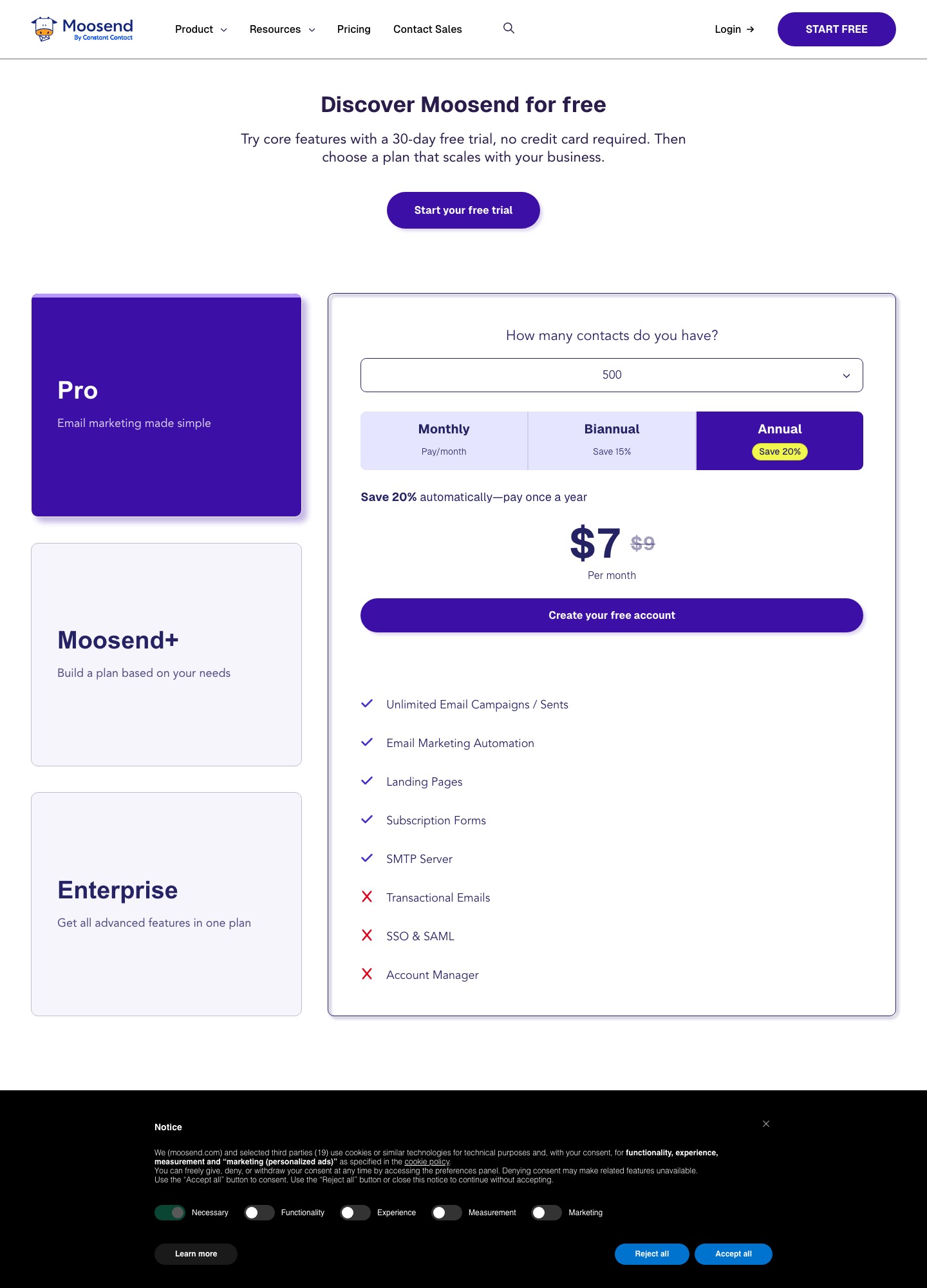 Moosend-prijsweergave voor contactgebaseerde plannen
